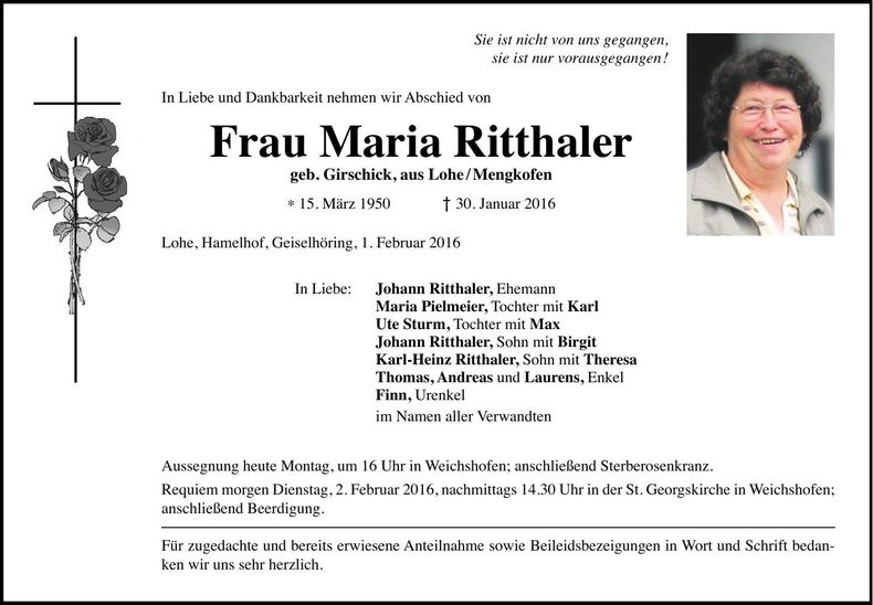 Traueranzeige Maria Ritthaler