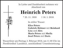 Traueranzeige Heinrich Peters
