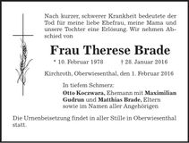 Traueranzeige Therese Brade