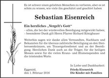 Traueranzeige Sebastian Eisenreich