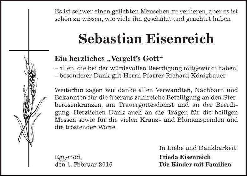 Traueranzeige Sebastian Eisenreich