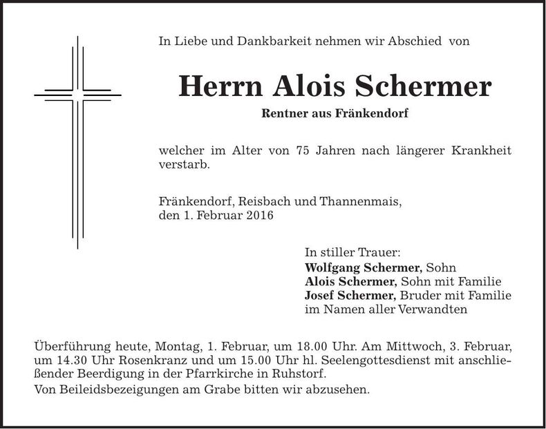 Traueranzeige Alois Schermer