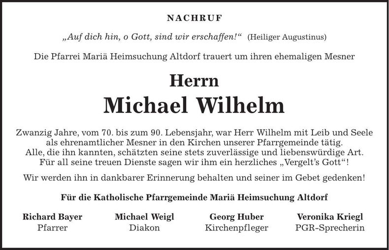 Traueranzeige Michael Wilhelm