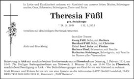 Traueranzeige Theresia Füßl