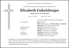 Traueranzeige Elisabeth Gabelsberger