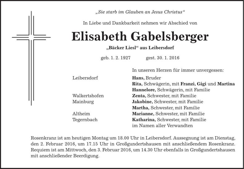 Traueranzeige Elisabeth Gabelsberger