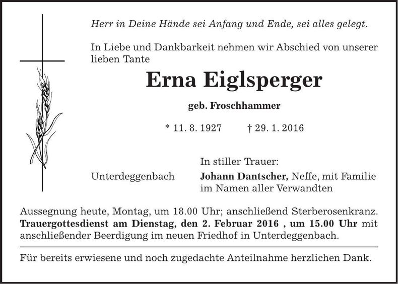Traueranzeige Erna Eiglsperger