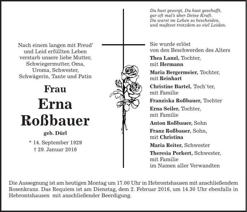 Traueranzeige Erna Roßbauer