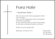 Traueranzeige Franz Hofer