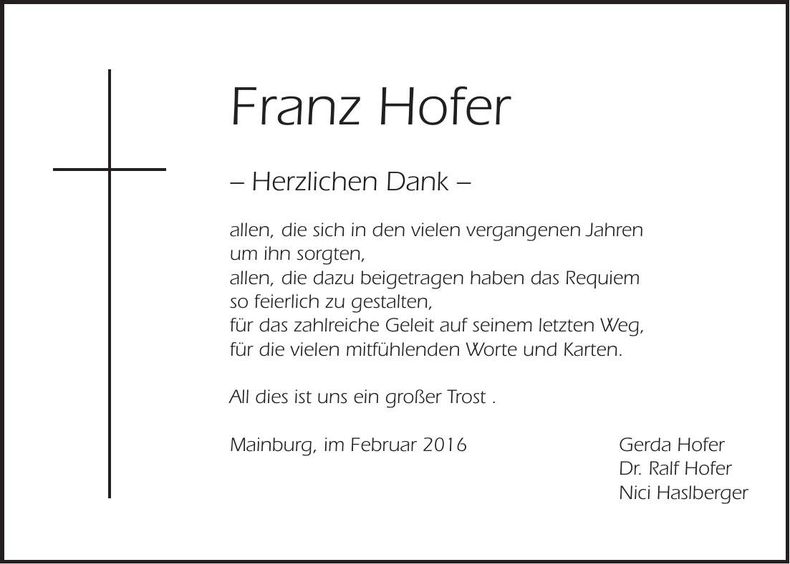 Traueranzeige Franz Hofer
