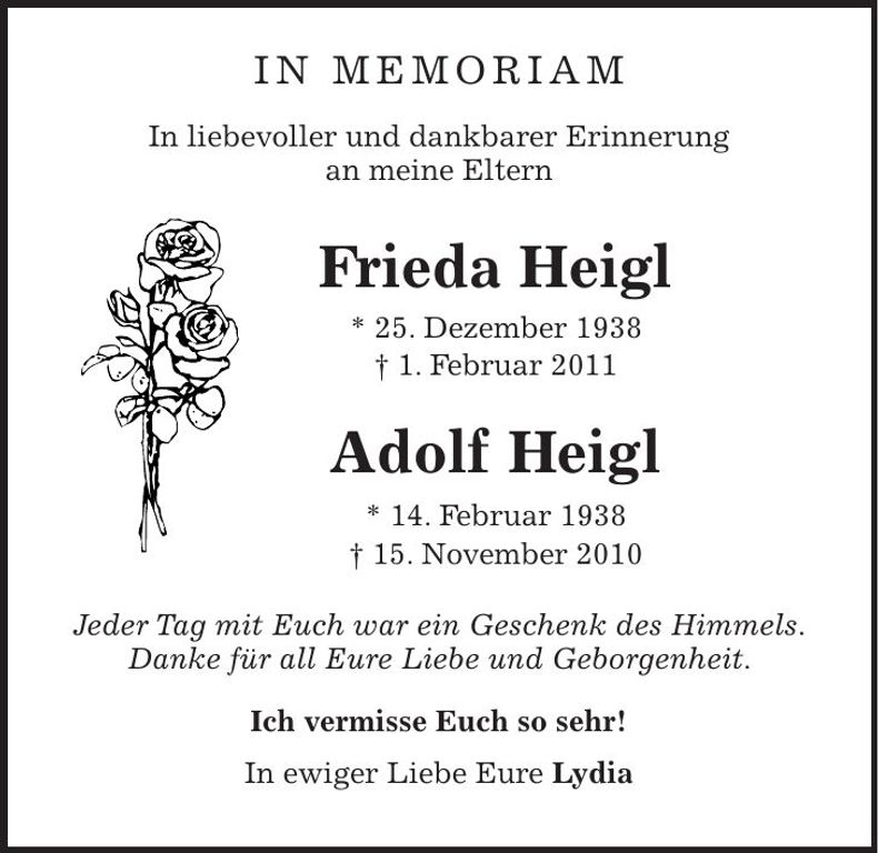 Traueranzeige Frieda und Adolf Heigl