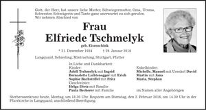 Traueranzeige Elfriede Tschmelyk