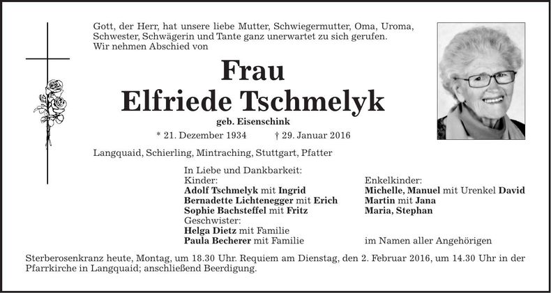 Traueranzeige Elfriede Tschmelyk