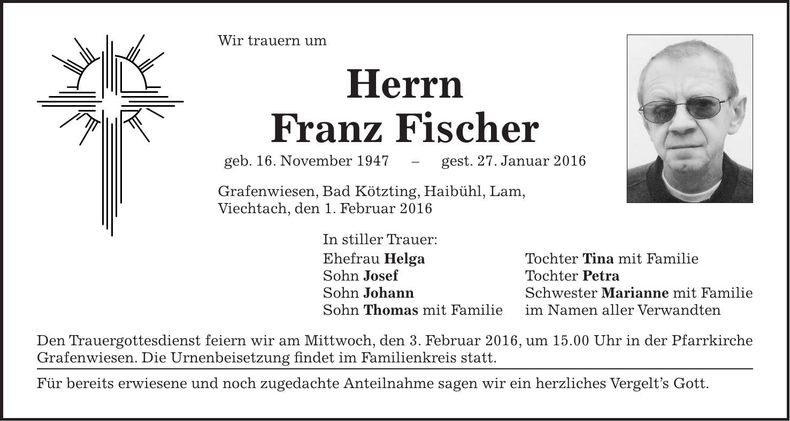 Traueranzeige Franz Fischer