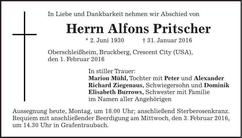 Traueranzeige Alfons Pritscher
