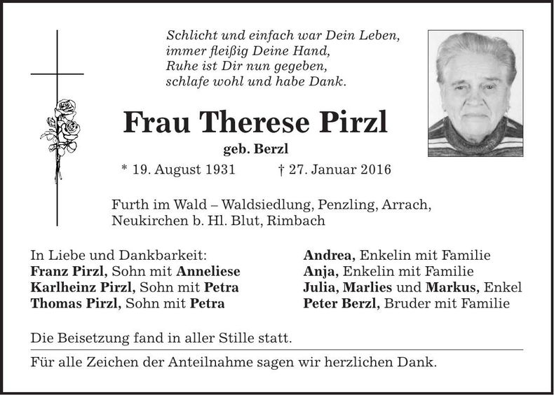 Traueranzeige Therese Pirzl