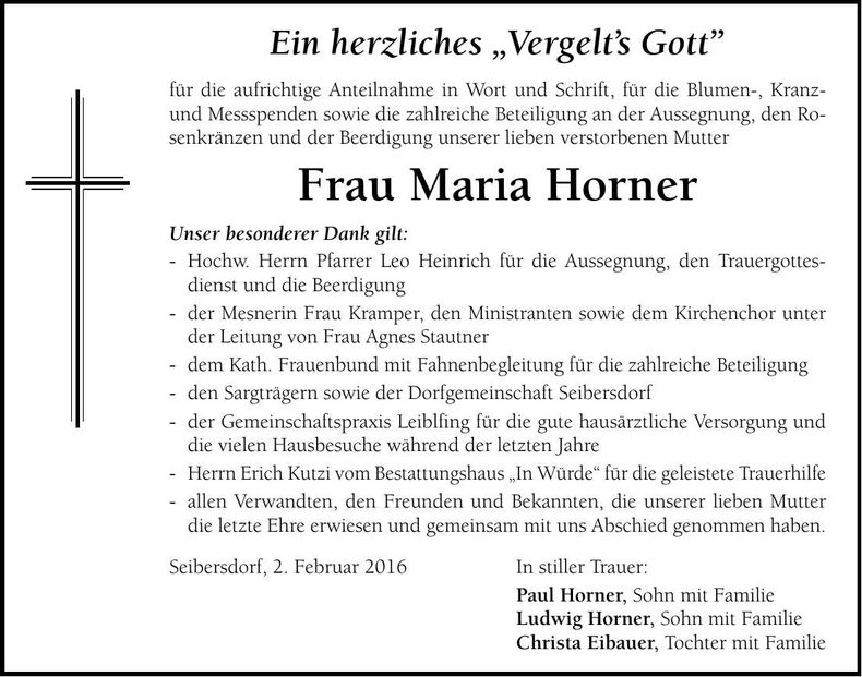 Traueranzeige Maria Horner