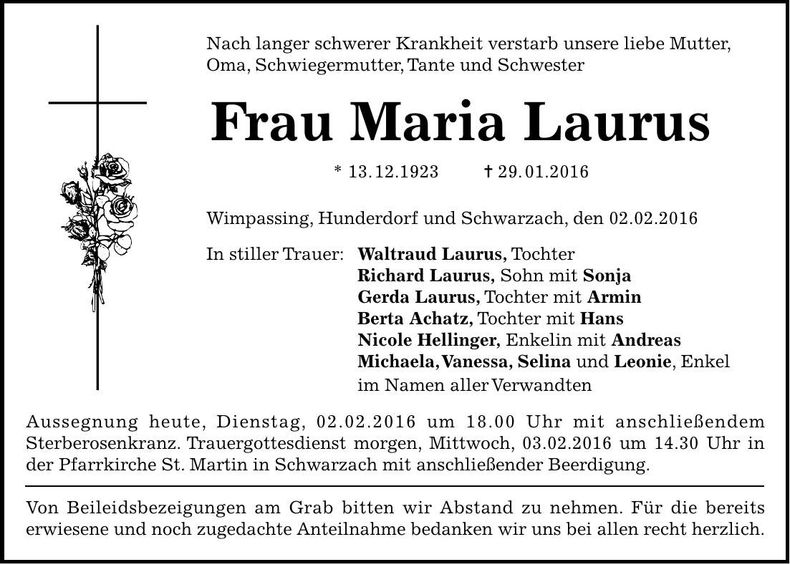 Traueranzeige Maria Laurus