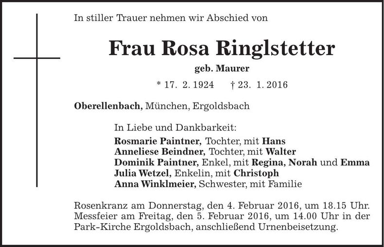 Traueranzeige Rosa Ringlstetter