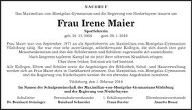 Traueranzeige Irene Maier