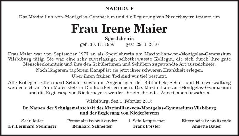 Traueranzeige Irene Maier