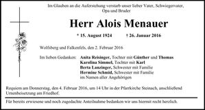 Traueranzeige Alois Menauer