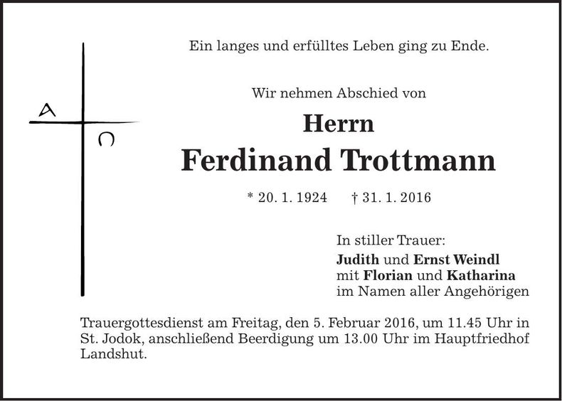 Traueranzeige Ferdinand Trottmann