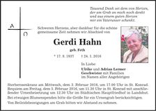Traueranzeige Gerdi Hahn