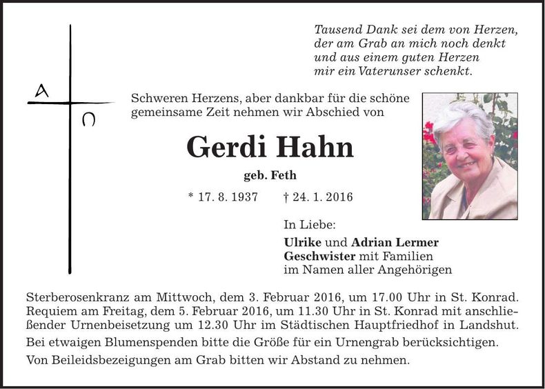 Traueranzeige Gerdi Hahn
