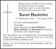 Traueranzeige Xaver Hastetter