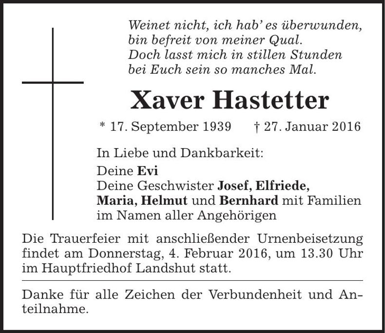 Traueranzeige Xaver Hastetter