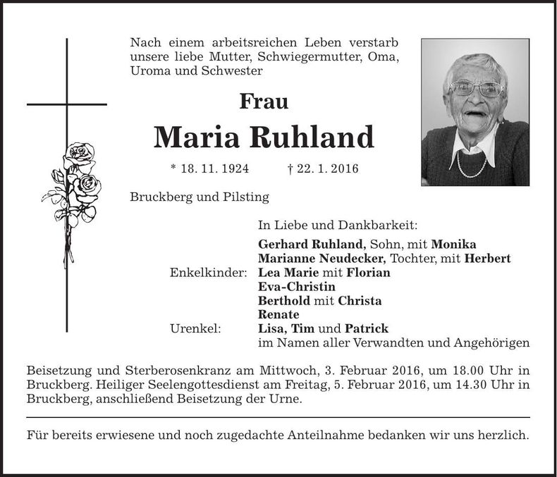 Traueranzeige Maria Ruhland