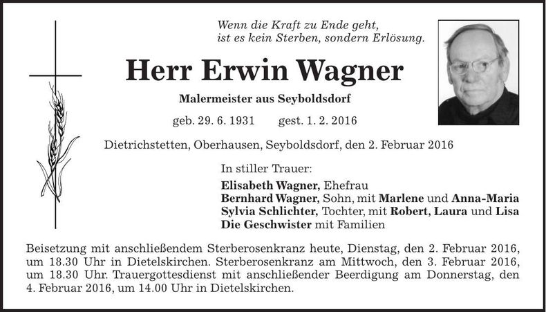 Traueranzeige Erwin Wagner