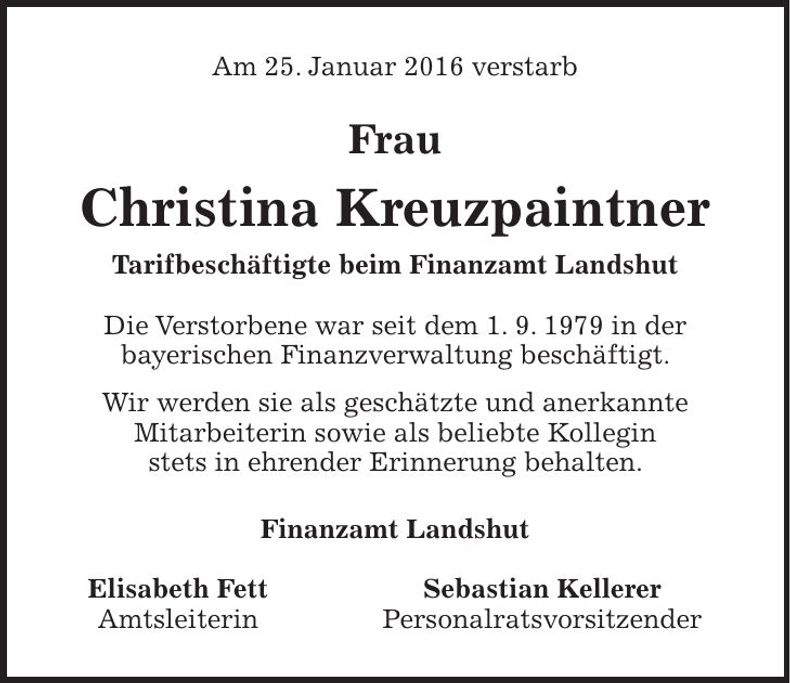 Traueranzeige Christina Kreuzpaintner