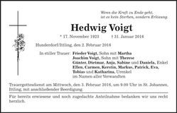 Traueranzeige Hedwig Voigt