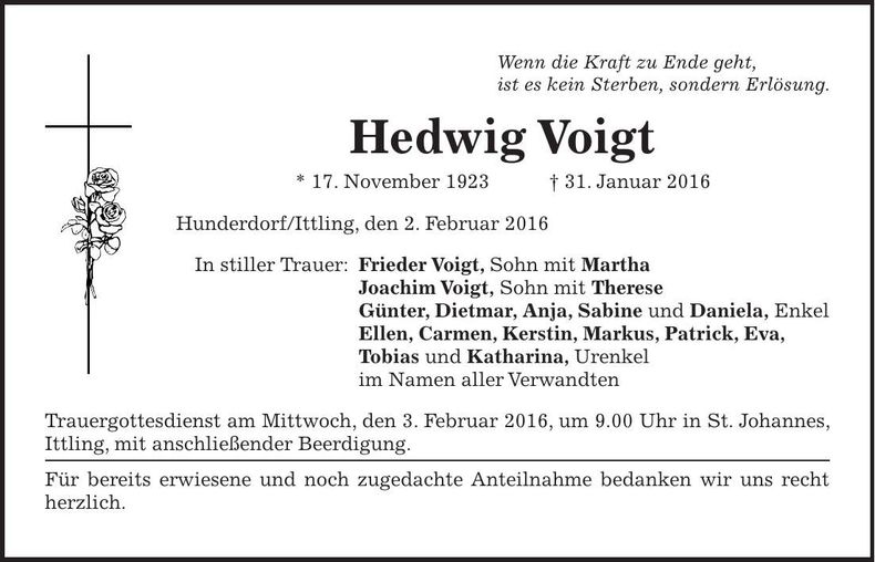 Traueranzeige Hedwig Voigt
