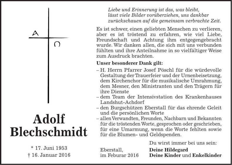 Traueranzeige Adolf Blechschmidt