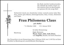 Traueranzeige Philomena Claus