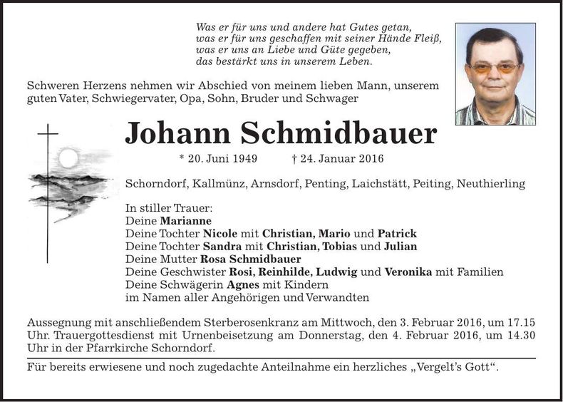 Traueranzeige Johann Schmidbauer