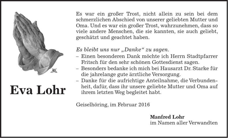 Traueranzeige Eva Lohr