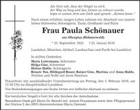 Traueranzeige Paula Schönauer