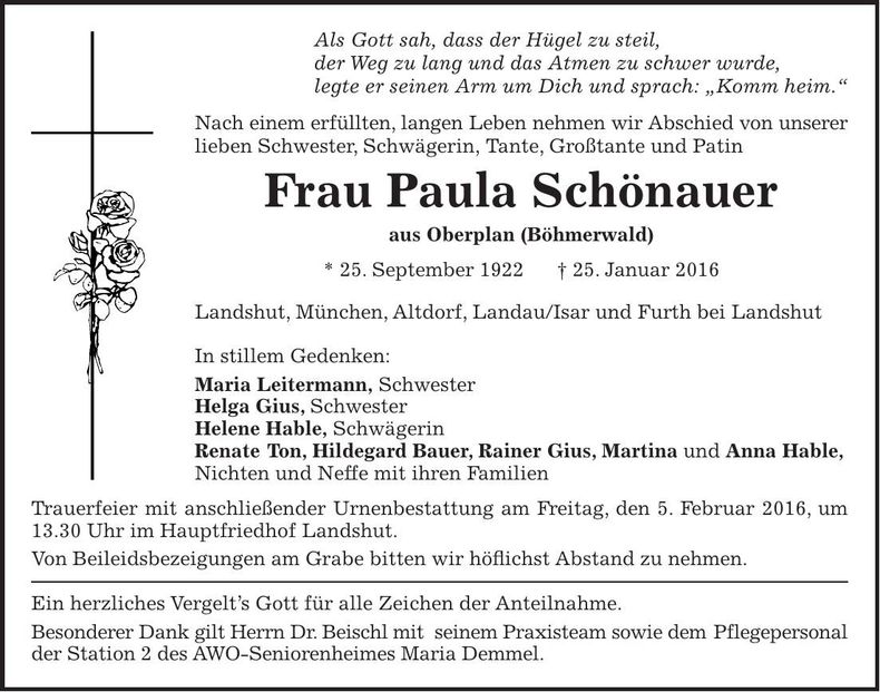Traueranzeige Paula Schönauer