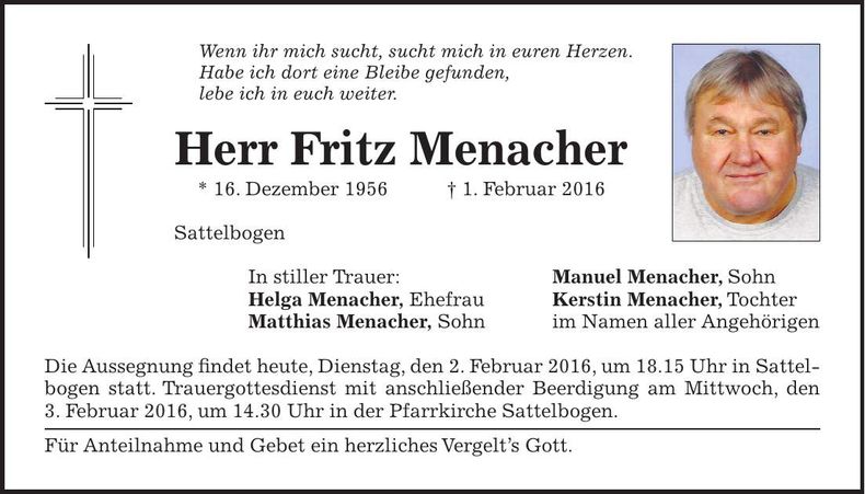 Traueranzeige Fritz Menacher
