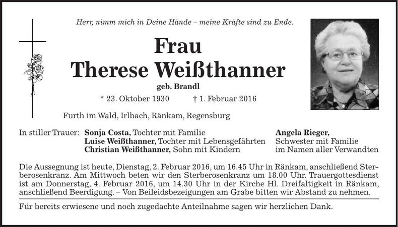 Traueranzeige Therese Weißthanner