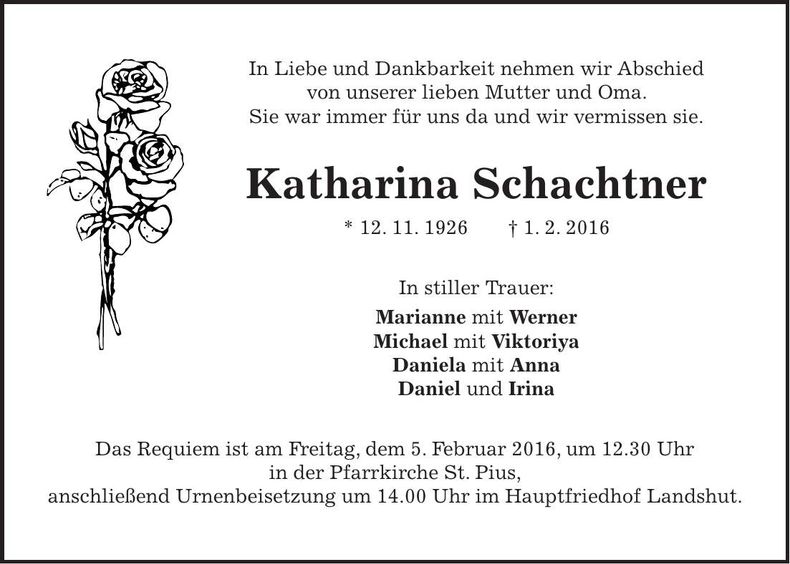 Traueranzeige Katharina Schachtner