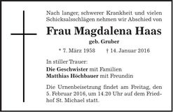 Traueranzeige Magdalena Haas