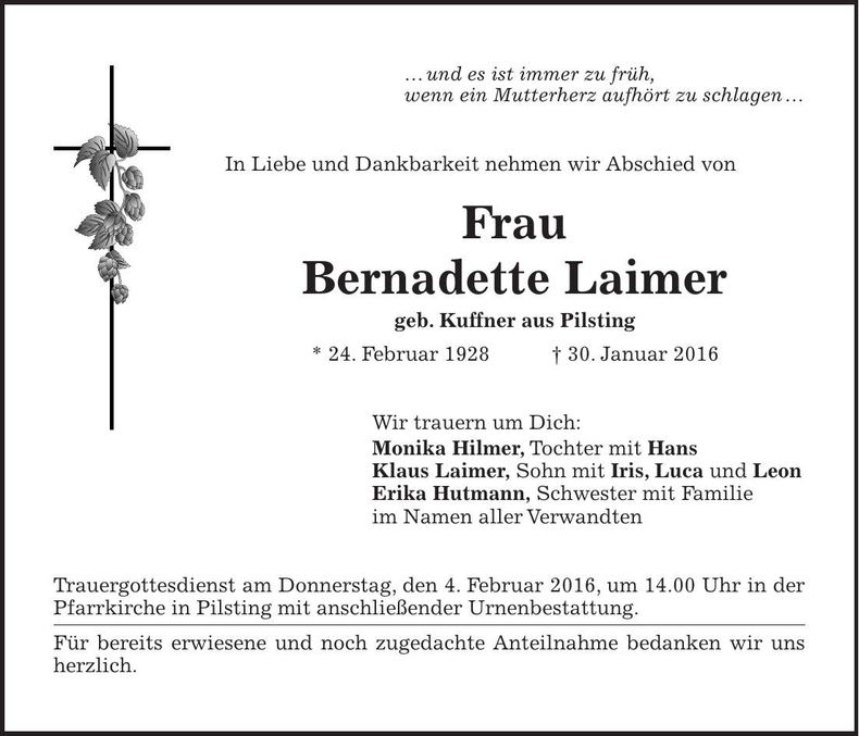 Traueranzeige Bernadette Laimer