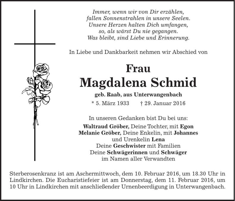 Traueranzeige Magdalena Schmid