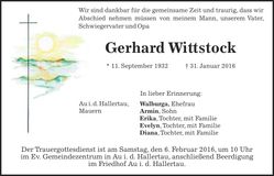 Traueranzeige Gerhard Wittstock