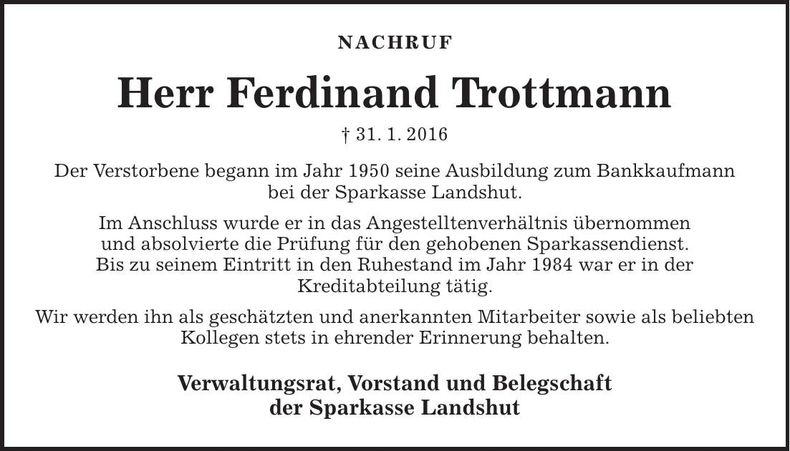 Traueranzeige Ferdinand Trottmann